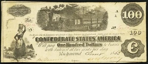 T-40 1862 100 $ KONFÖDERIERTE STAATEN VON AMERIKA WÄHRUNG BÜRGERKRIEG NOTE GELDSCHEIN T40 SEHR SCHÖN - Bild 1 von 2
