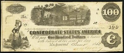 T-40 1862 $100 CONFEDERATE STATES OF AMERICA CURRENCY CIVIL WAR NOTE BILL T40 VF - Image 1 of 2