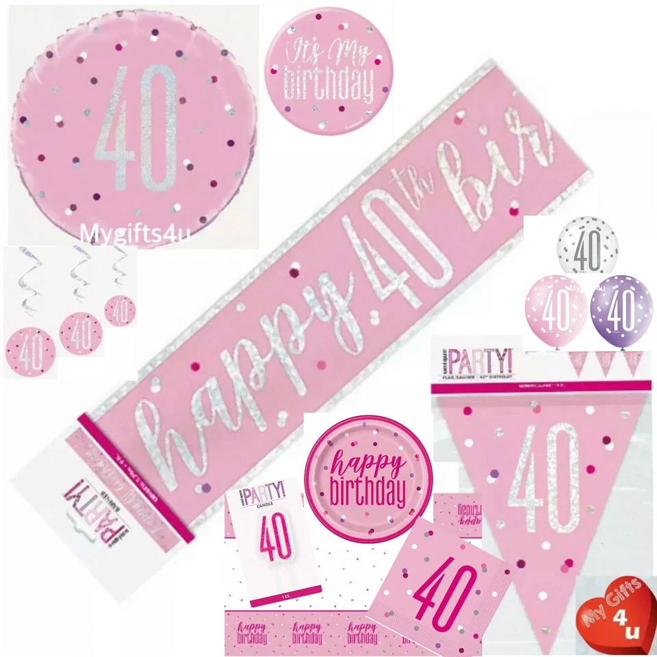 Pink 40th & Happy Birthday Party Decorations Buntings Banners Silver Balloon age