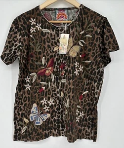 Camicia Johnny Was Penelope leopardata marrone top rilassato maglietta farfalla ricamo NUOVO - Foto 1 di 6