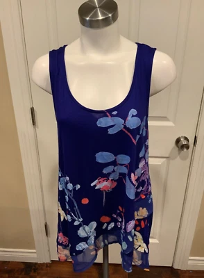 Desigual Blue Floral Patterned Tank Top W/ Ruffle Hemline, Size Large - Image 1 of 4