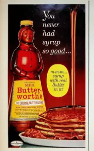 Jarabe de panquequeque con mantequilla original de Mrs. Butterworth 1962 anuncio impreso vintage años 60 - Imagen 1 de 2
