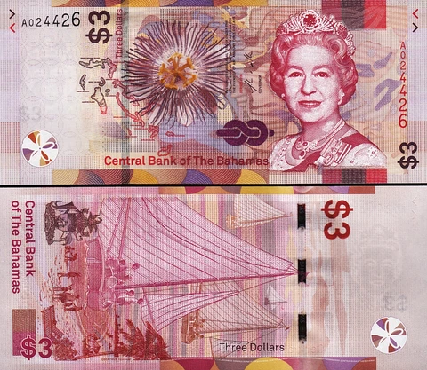 Bahamas 3 Dollars 2019, UNC, P-78, QEII, Prefix A Cover