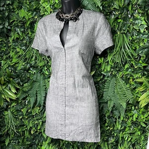 THEORY Dress Women XS Gray Shark Skin Shift Slit Front Linen Blend 2202 - Picture 1 of 11