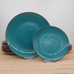 Royal Norfolk Turquoise Swirl Brown Trim Stoneware 10" Dinner & 2 Bread Plates - Foto 1 di 7