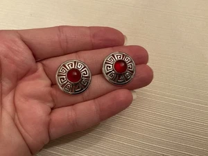 Vintage Ornate Sterling Silver Reddish/orange stone pierced Earrings - Picture 1 of 4