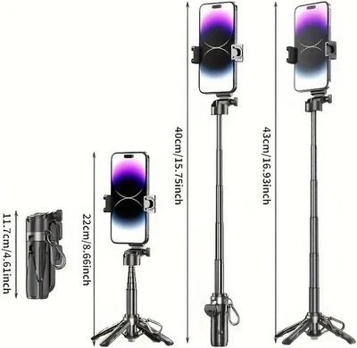 P15 Mini Grip Quadripod Selfie Stick Stand with Phone Mount, Extendable Phone - Image 1 of 4