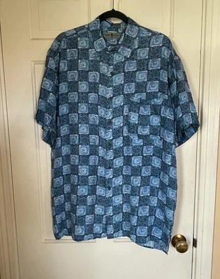 Camisa masculina Robert Stock 100% seda tamanho grande azul geométrica botão para cima vintage - Imagem 1 de 4
