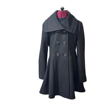 Abrigo Betsey Johnson Negro Lana Peplum Guisante, Forro Leopardo, Mujer’s Talla 12 Foto 1 de 4