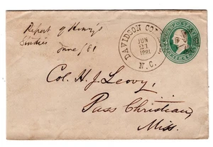 Davidson College NC (Mecklenburg 1837/1891) Gesamter Pass Christian MS 1881 ausgefallen - Bild 1 von 2