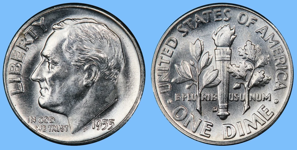 Moneda de diez centavos D Roosevelt 1955 ~ gema bu sin circular ~ moneda de plata de Estados Unidos coleccionable Foto 1 de 1