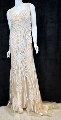 Vestido Jasz Couture Alfombra Roja Encaje Gasa Blanco Bordado Beige Forrado, Talla 10 Foto 1 de 4