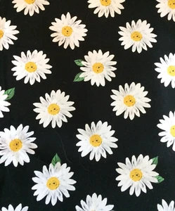 FABRIC - White DAISY FLOWERS on Black Background 11" x 44" Brother Sister Design - Picture 1 of 2
