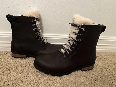 New SOREL Women's Emelie Lace Cozy Brown Leather Boots Sz 8 $189 - Image 1 of 4
