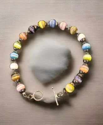 Pulsera de plata de ley 925 multicolor ojo de gato con cuentas 8,5" Foto 1 de 4