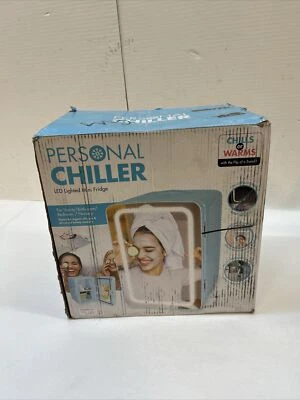 Personal 6 Can Chiller LED Lighted Mini Fridge Mirror Door Blue Snacks Beauty - Image 1 of 3