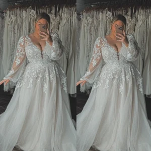 Plus Size Wedding Dress Long Sleeve V Neck Sweep Train Lace Applique Bridal Gown - Picture 1 of 15