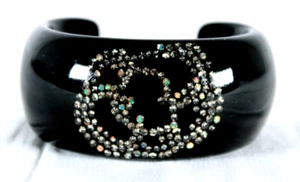 CHANEL 03A Black Resin Crystal Camellia Flower & CC Logo Cuff Bracelet - Picture 1 of 13