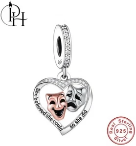 Drama Theatre Mask Charm 925 Sterling Silver Comedy & Tragedy Heart Dangle Gift - Picture 1 of 5
