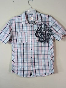 Triple 5 Soul Shirt Mens Medium Pink Blue  Plaid Button Up 555 Gothic Graphic  - Picture 1 of 5