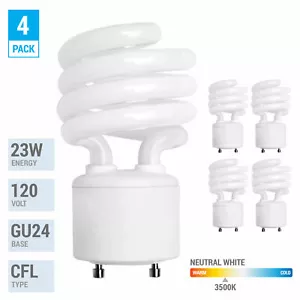 4 Pack Spiral CFL Fluorescent 23W =100W Twist and Lock GU24 3500K Neutral White - Picture 1 of 4