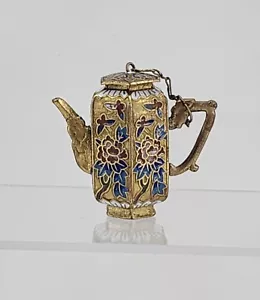 Oriental Mini Cloisonne Teapot with Lid 1.75 in Enamel Floral Butterflies Gold - Picture 1 of 11