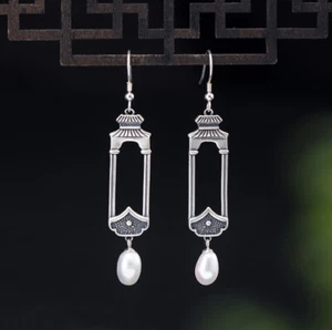 I04 Orecchini Tempio Stile Antico Argento Sterling 925 Bianchi Acqua Dolce Perla - Foto 1 di 6