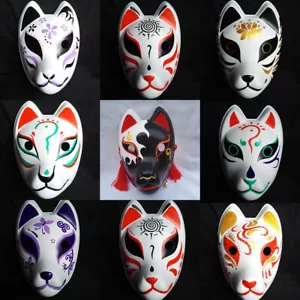 Full Face Fox Mask Kitsune PVC Negro Multicolor Cosplay de Halloween pintado a mano - Imagen 1 de 20