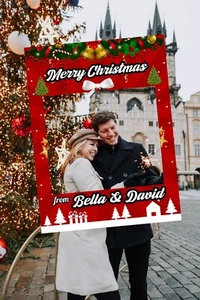 Personalised Merry Christmas Xmas Selfie Frame Red Party Green Tinsel Photo Prop - Picture 1 of 6