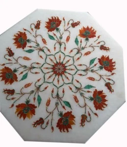12" Marble corner coffee side Table Top floral precious stone inlaid art Decor - Picture 1 of 1