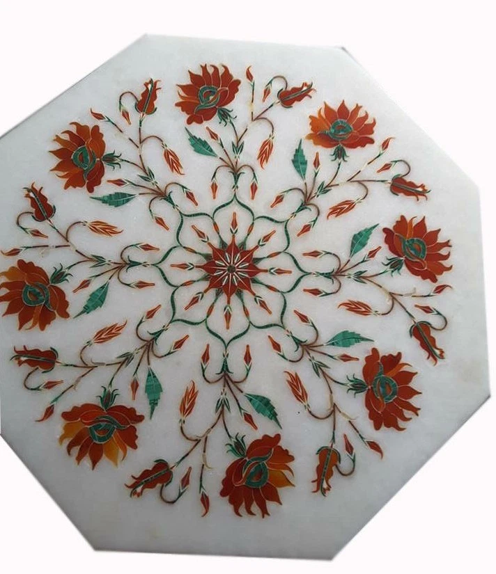 12" Marble corner coffee side Table Top floral precious stone inlaid art Decor - Image 1 of 1