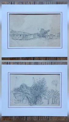 2 Dessins , Paysages Tropicaux,pilotis,bananiers,église Missionaire,XIXe Siècle - Photo 1/4