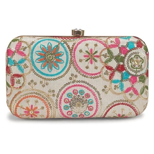 Abend Clutch Handtasche mit Blumenstickerei, beige mit türkis und rosa Blume... - Bild 1 von 9