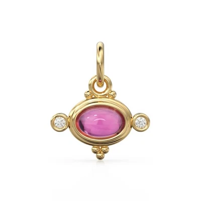 Pink Tourmaline Diamond Pendant, Cabochon Gold Charm, October Birthstone Jewelry - Image 1 of 4