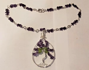 New Pretty amethyst gemstone and wire tree of life pendant 16" - Picture 1 of 5