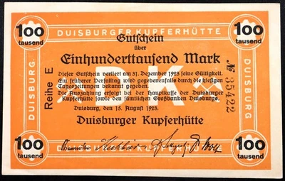 DUISBURG 1923 "Duisburger Copper Mill" 100,000 Mark Inflation Notgeld Germany - Image 1 of 2