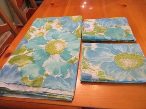 Vintage Sears 60s Flower Power Aqua Lime Full Flat Sheet and 2 Pillowcases EVC - Bild 1 von 24