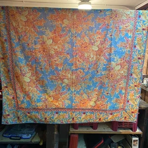 April Cornell Floral Cotton Tablecloth 60" X 60" Orange & Blue Vibrant Botanical - Picture 1 of 5