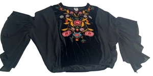 Ivy Jane Top Shirt Small S Silk Velvet 3/4 Sleeve Boho Embroidered Floral Artsy - Picture 1 of 5