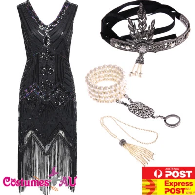 Deluxe Ladies 20s 1920s Roaring Flapper Costume Sequin Gatsby Black Fancy Dress - image 1 of 4