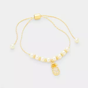 NEW CZ Cubic Zirconia Gold Tone Pineapple Charm Faux Pearls Adjustable Bracelet - Picture 1 of 1
