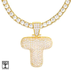 T Initial Custom Bubble Letter Gold Plated Icy Pendant 24" Stone Chain Necklace - Picture 1 of 3