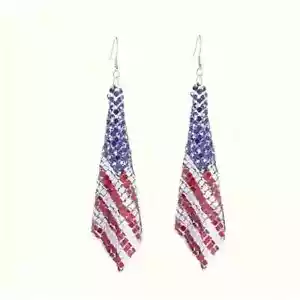 Fashion Earrings, Geometric Square Mesh Chain with American Flag Pattern - Picture 1 of 5