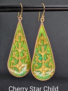 New bnwt sterling 925 silver gold pl green lime teardrop dangle drop earrings - Picture 1 of 4