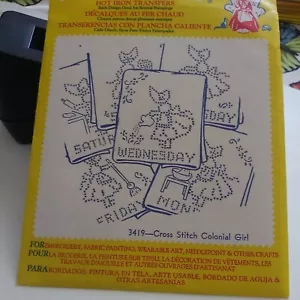 Aunt Martha's Hot Iron Transfers. New Unopened. 3419 Cross Stitch Colonial Girl - Picture 1 of 3