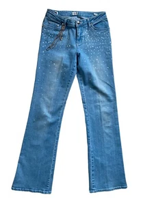 MSRP $198 STUNNING CACHE Sz 4 SILVER STUDDED BLUE JEANS Chain Sparkle Y2K RARE - Picture 1 of 5