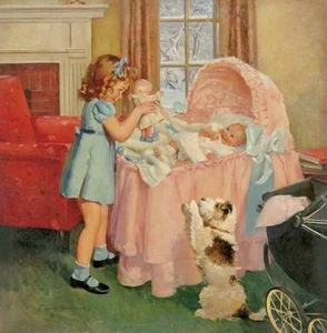 Little Girl Baby Sister Pink Bassinet by Frederick Brunner - Picture 1 of 1