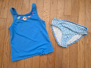 Lands End Two Piece Girl Swimsuit Tankini Blue Gingham Size 10 - Picture 1 of 3