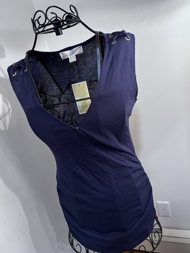 Top smanicato Michael Michael Kors $74 etichetta stringato spalle blu navy NUOVO