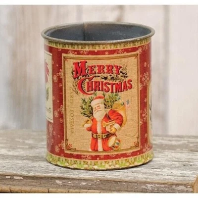 NEW Primitive MERRY CHRISTMAS SANTA Can Metal Bucket Canister 4"H Farmhouse - Image 1 of 2